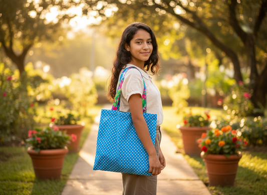 Bolso Celeste Puntos Blancos