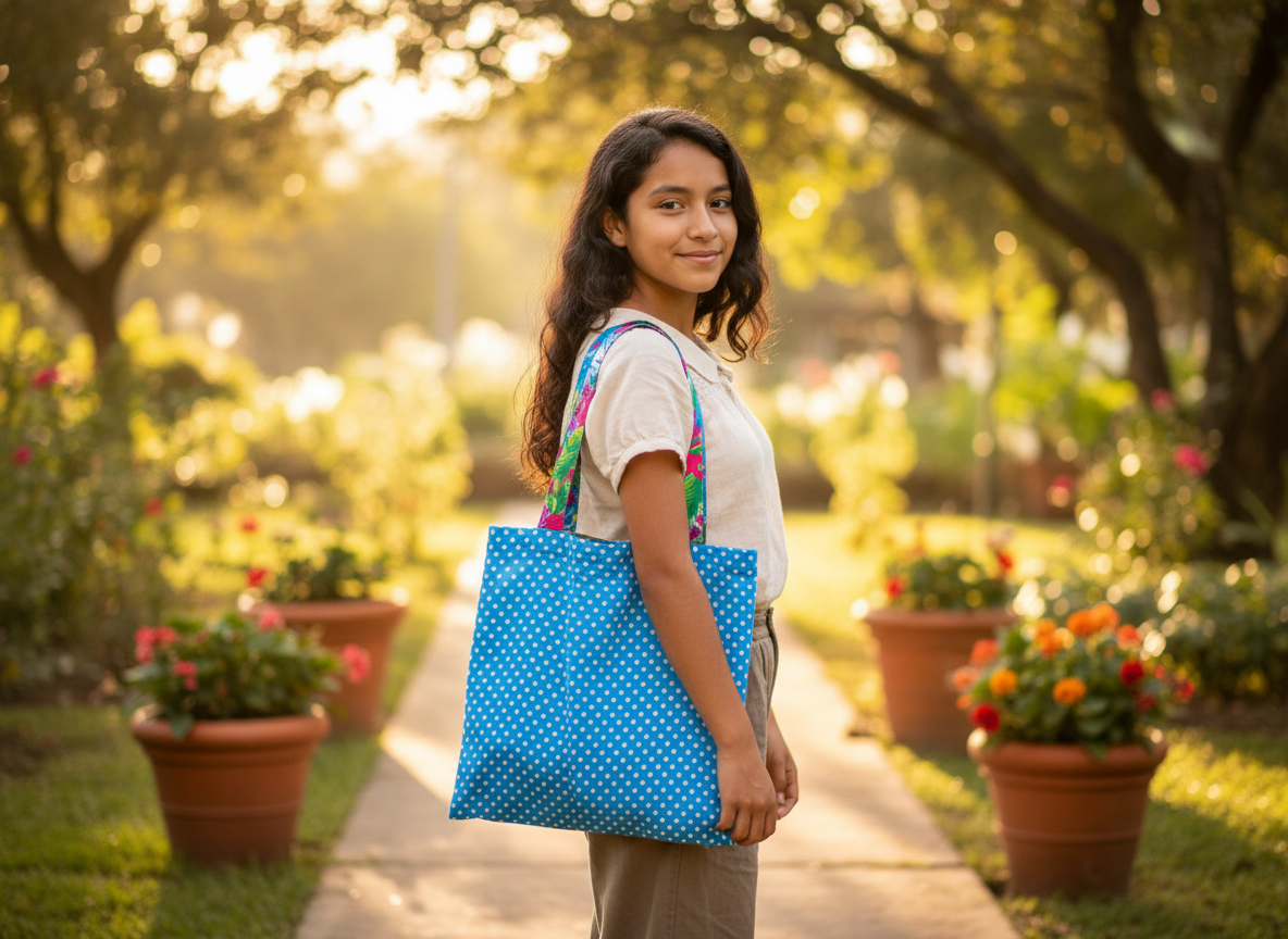 Bolso Celeste Puntos Blancos